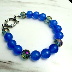 Natural Stone & Glass Bead Bracelet | Blue Gemstone with Faceted Accents